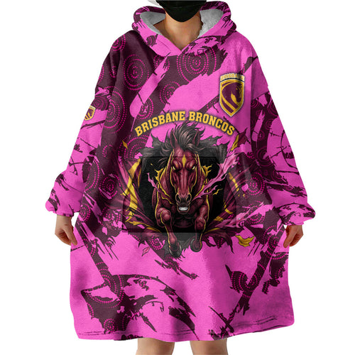 Personalised Brisbane Broncos Wearable Blanket Hoodie Fierce Horse Mascot In Pink Aboriginal Dot Art Style