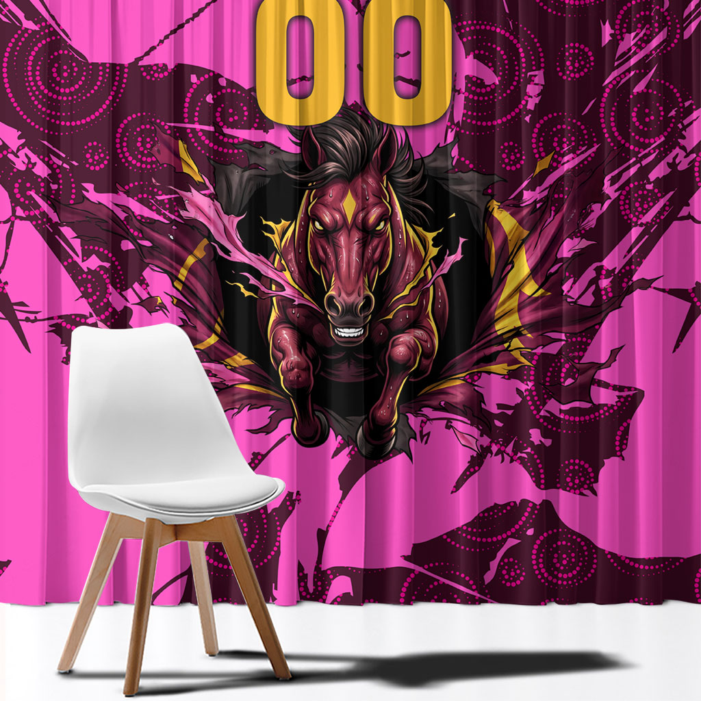 Personalised Brisbane Broncos Window Curtain Fierce Horse Mascot In Pink Aboriginal Dot Art Style