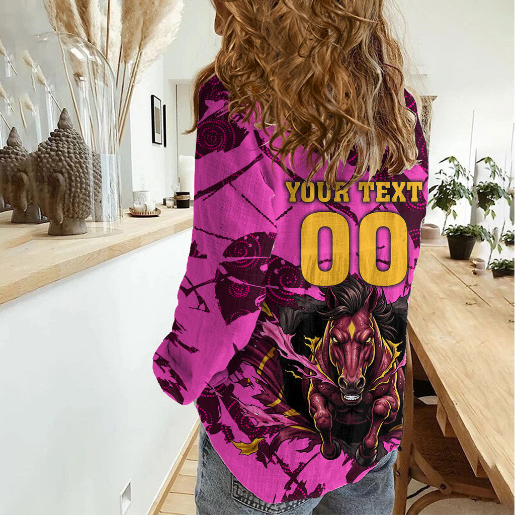 Personalised Brisbane Broncos Women Casual Shirt Fierce Horse Mascot In Pink Aboriginal Dot Art Style
