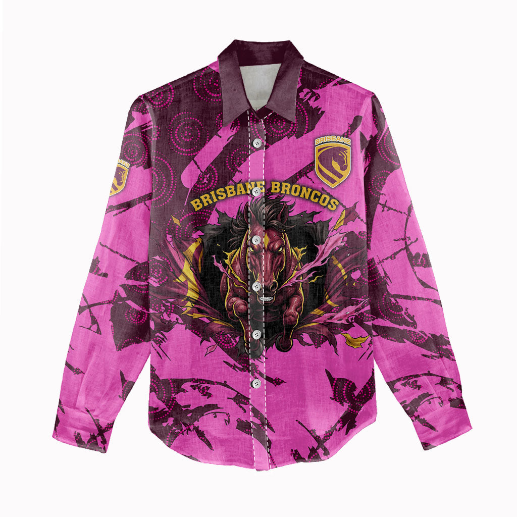 Personalised Brisbane Broncos Women Casual Shirt Fierce Horse Mascot In Pink Aboriginal Dot Art Style