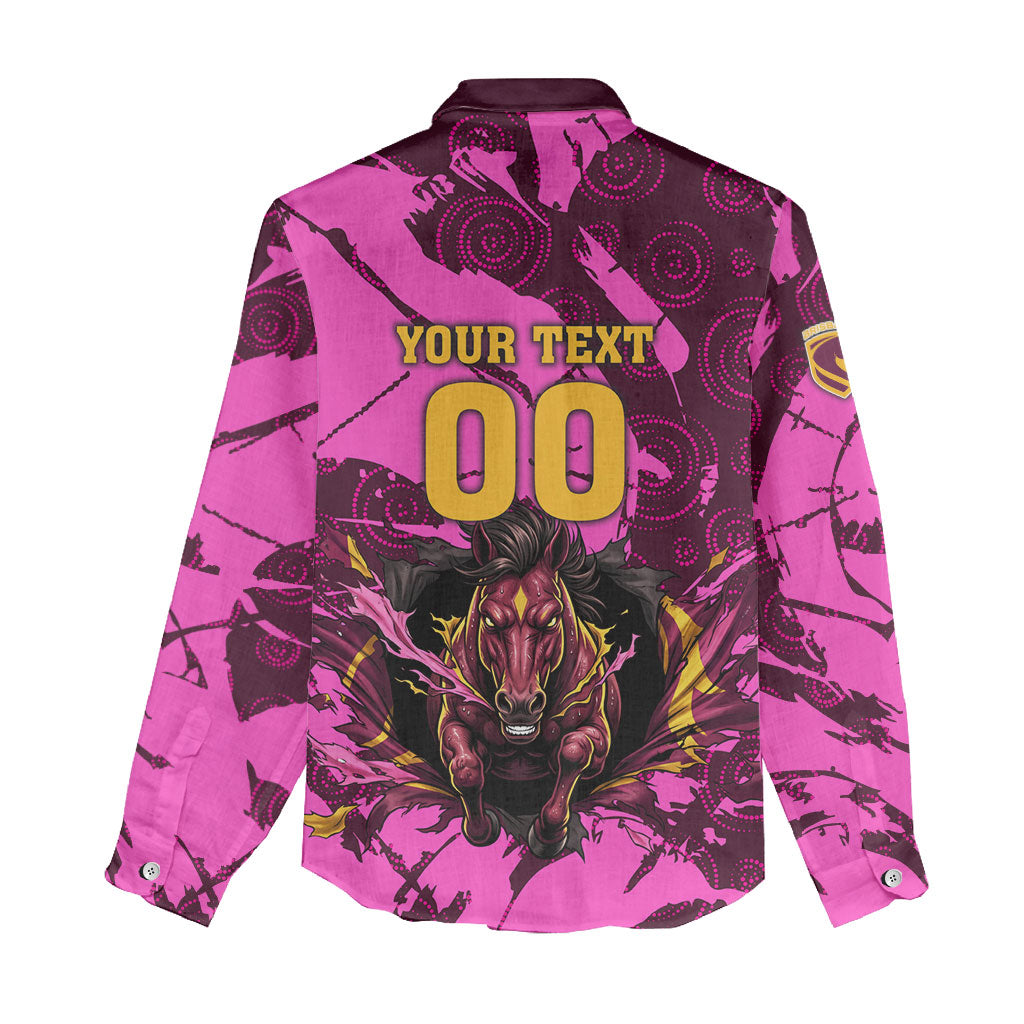 Personalised Brisbane Broncos Women Casual Shirt Fierce Horse Mascot In Pink Aboriginal Dot Art Style
