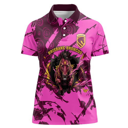 Personalised Brisbane Broncos Women Polo Shirt Fierce Horse Mascot In Pink Aboriginal Dot Art Style