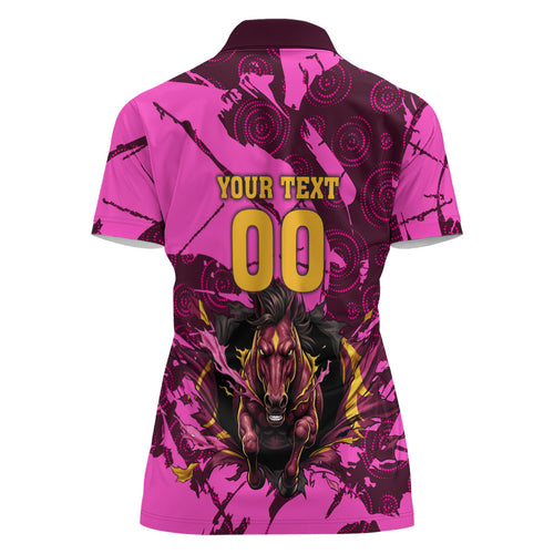 Personalised Brisbane Broncos Women Polo Shirt Fierce Horse Mascot In Pink Aboriginal Dot Art Style