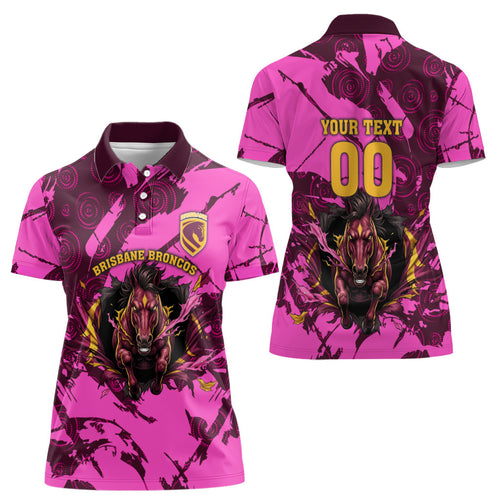 Personalised Brisbane Broncos Women Polo Shirt Fierce Horse Mascot In Pink Aboriginal Dot Art Style