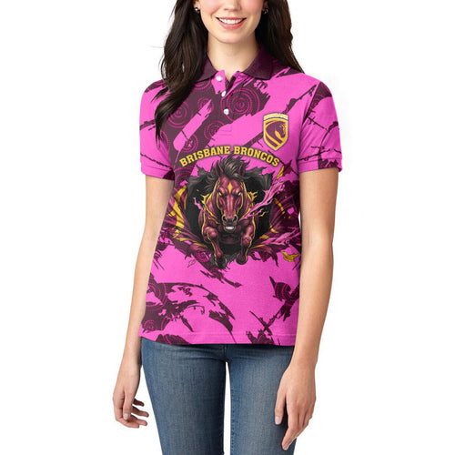 Personalised Brisbane Broncos Women Polo Shirt Fierce Horse Mascot In Pink Aboriginal Dot Art Style