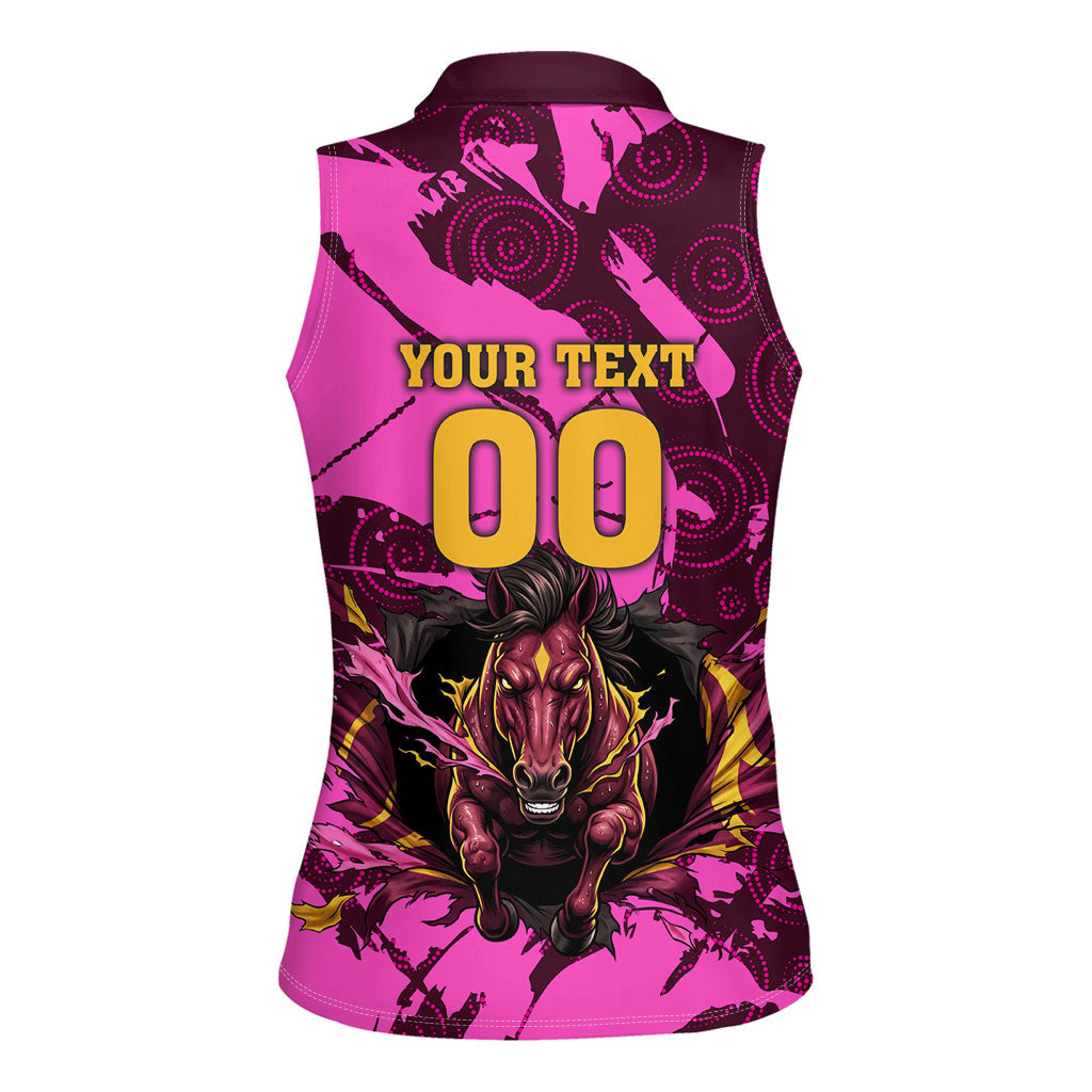 Personalised Brisbane Broncos Women Sleeveless Polo Shirt Fierce Horse Mascot In Pink Aboriginal Dot Art Style