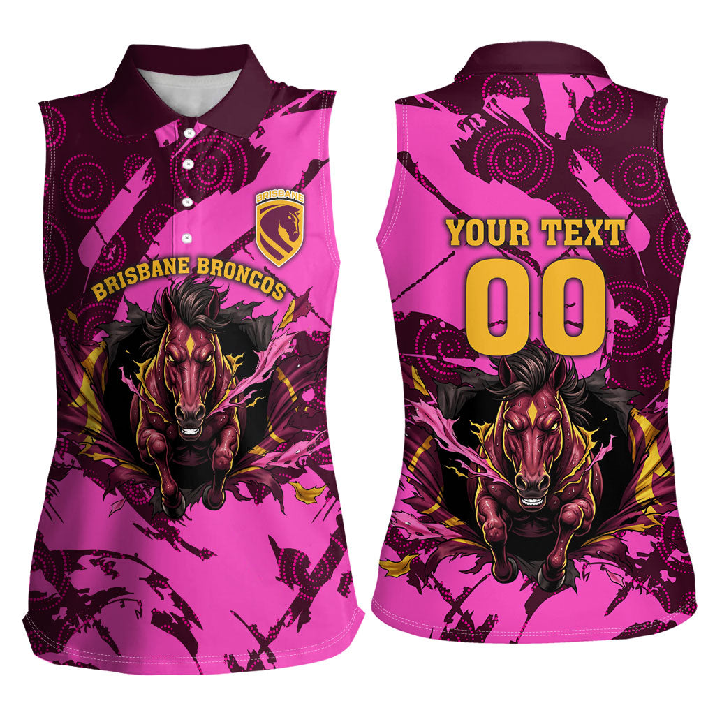 Personalised Brisbane Broncos Women Sleeveless Polo Shirt Fierce Horse Mascot In Pink Aboriginal Dot Art Style