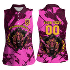 Personalised Brisbane Broncos Women Sleeveless Polo Shirt Fierce Horse Mascot In Pink Aboriginal Dot Art Style