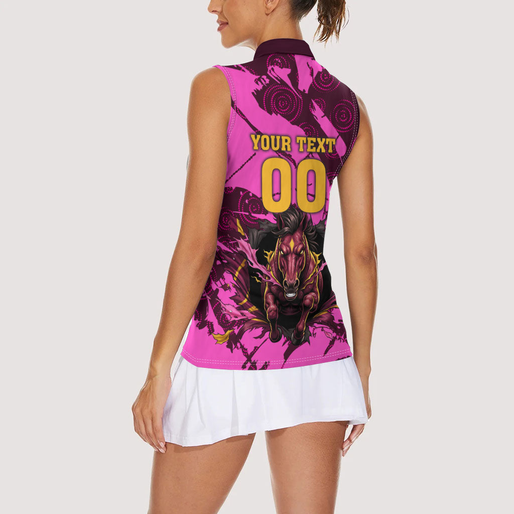 Personalised Brisbane Broncos Women Sleeveless Polo Shirt Fierce Horse Mascot In Pink Aboriginal Dot Art Style