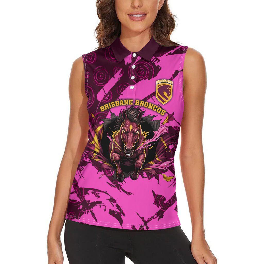 Personalised Brisbane Broncos Women Sleeveless Polo Shirt Fierce Horse Mascot In Pink Aboriginal Dot Art Style