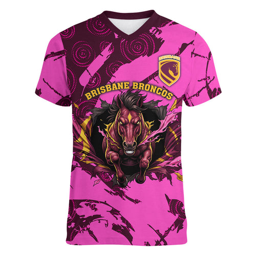 Personalised Brisbane Broncos Women V-Neck T-Shirt Fierce Horse Mascot In Pink Aboriginal Dot Art Style