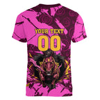 Personalised Brisbane Broncos Women V-Neck T-Shirt Fierce Horse Mascot In Pink Aboriginal Dot Art Style