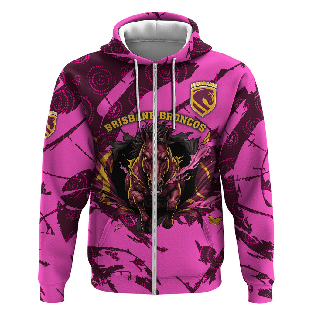 Personalised Brisbane Broncos Zip Hoodie Fierce Horse Mascot In Pink Aboriginal Dot Art Style