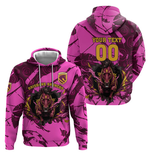 Personalised Brisbane Broncos Zip Hoodie Fierce Horse Mascot In Pink Aboriginal Dot Art Style