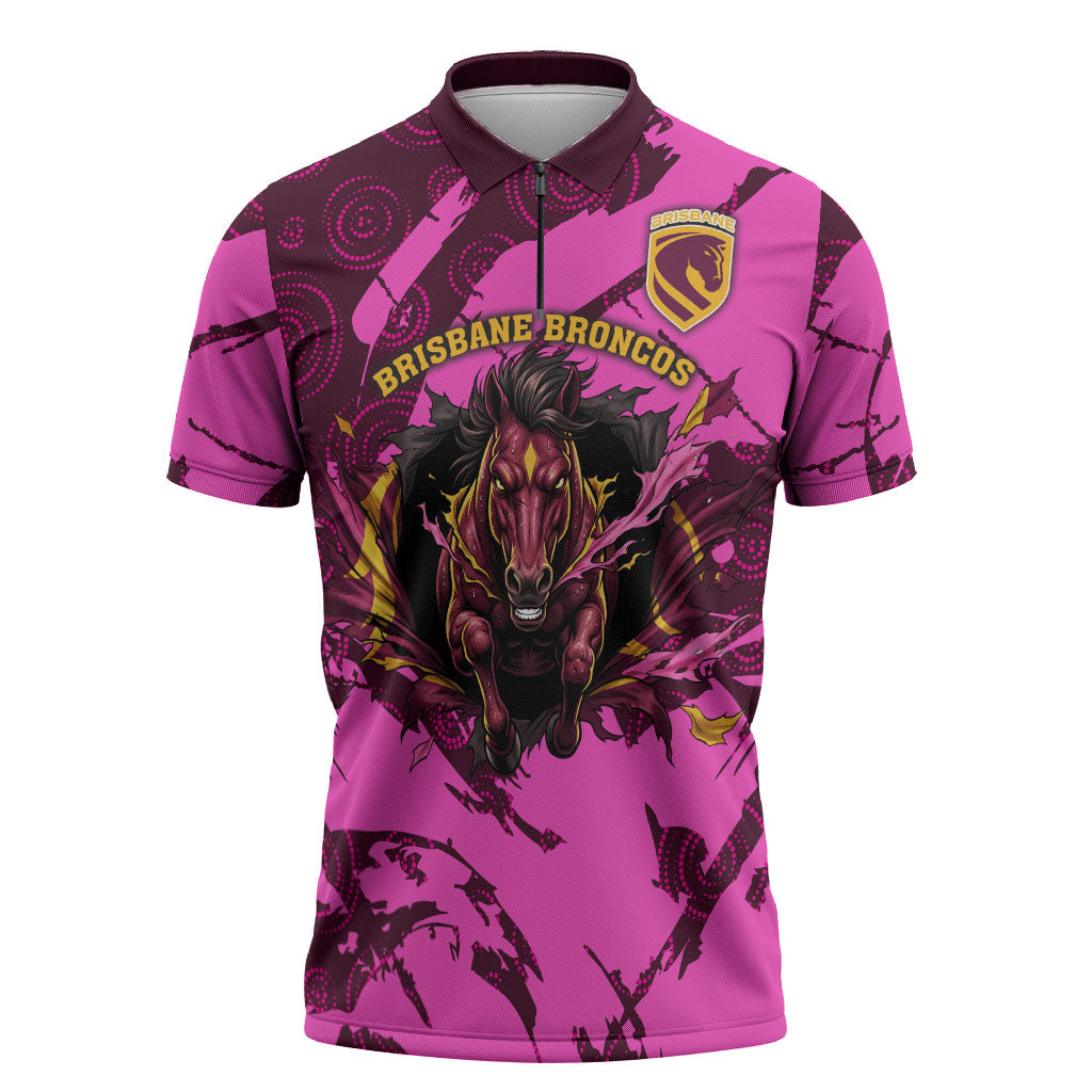 Personalised Brisbane Broncos Zipper Polo Shirt Fierce Horse Mascot In Pink Aboriginal Dot Art Style
