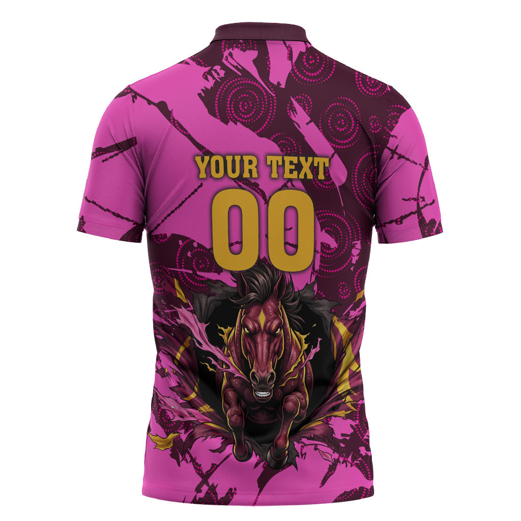 Personalised Brisbane Broncos Zipper Polo Shirt Fierce Horse Mascot In Pink Aboriginal Dot Art Style