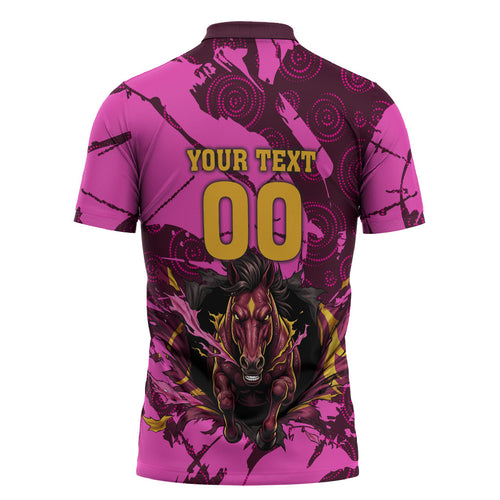 Personalised Brisbane Broncos Zipper Polo Shirt Fierce Horse Mascot In Pink Aboriginal Dot Art Style