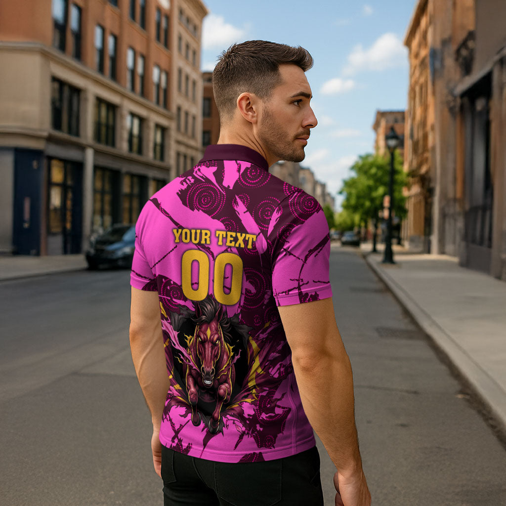 Personalised Brisbane Broncos Zipper Polo Shirt Fierce Horse Mascot In Pink Aboriginal Dot Art Style
