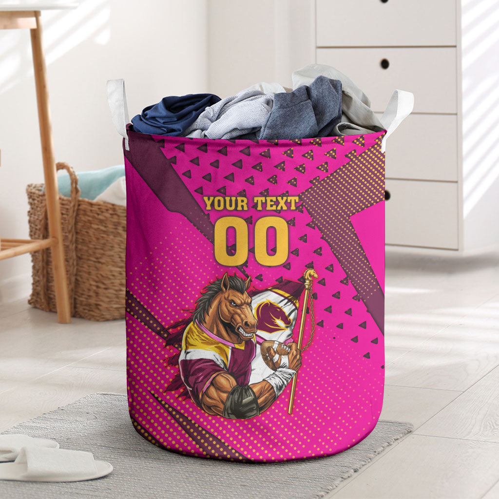 Custom Rugby Broncos Laundry Basket Muscular Horse Mascot With Flag In Pink