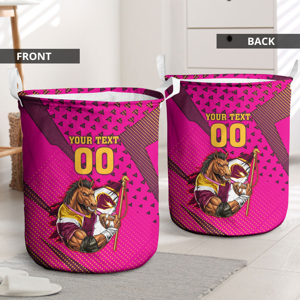 Custom Rugby Broncos Laundry Basket Muscular Horse Mascot With Flag In Pink
