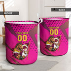 Custom Rugby Broncos Laundry Basket Muscular Horse Mascot With Flag In Pink