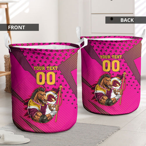 Custom Rugby Broncos Laundry Basket Muscular Horse Mascot With Flag In Pink