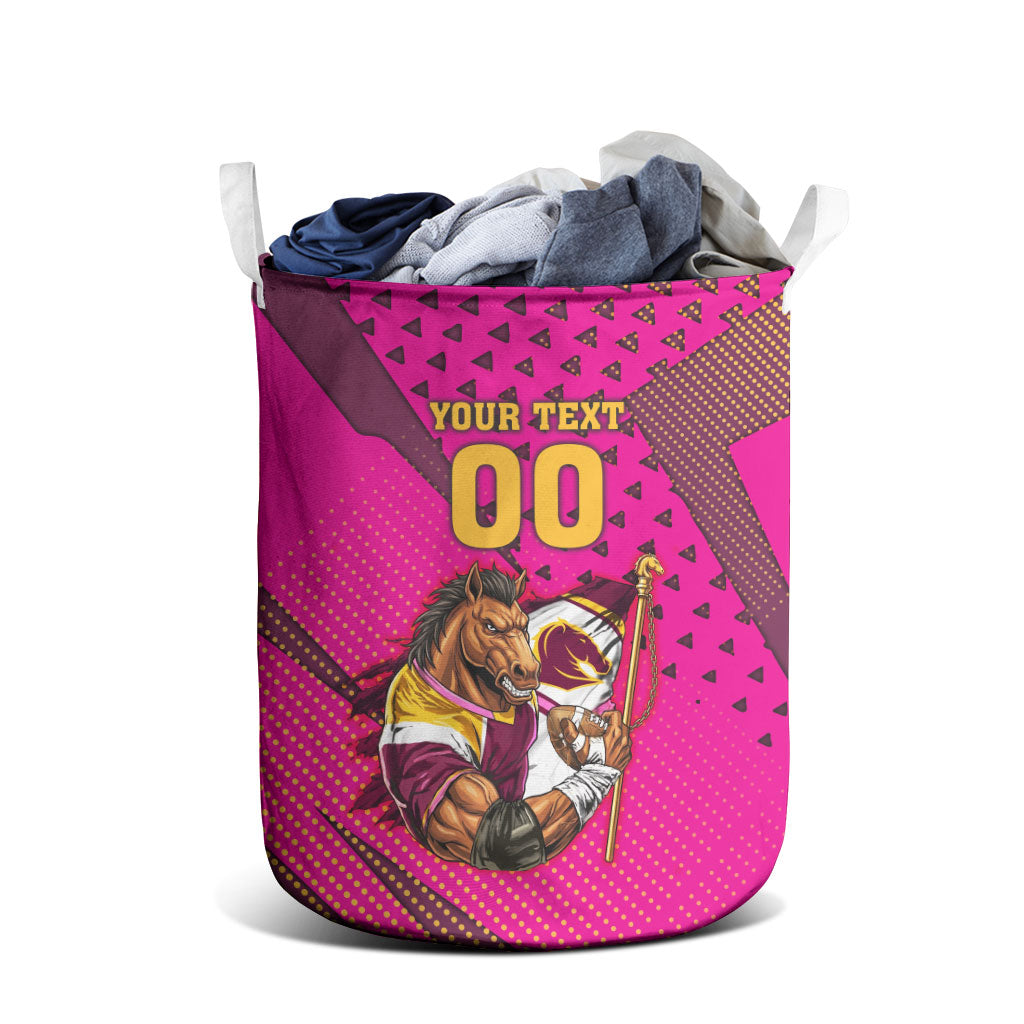 Custom Rugby Broncos Laundry Basket Muscular Horse Mascot With Flag In Pink