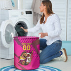 Custom Rugby Broncos Laundry Basket Muscular Horse Mascot With Flag In Pink