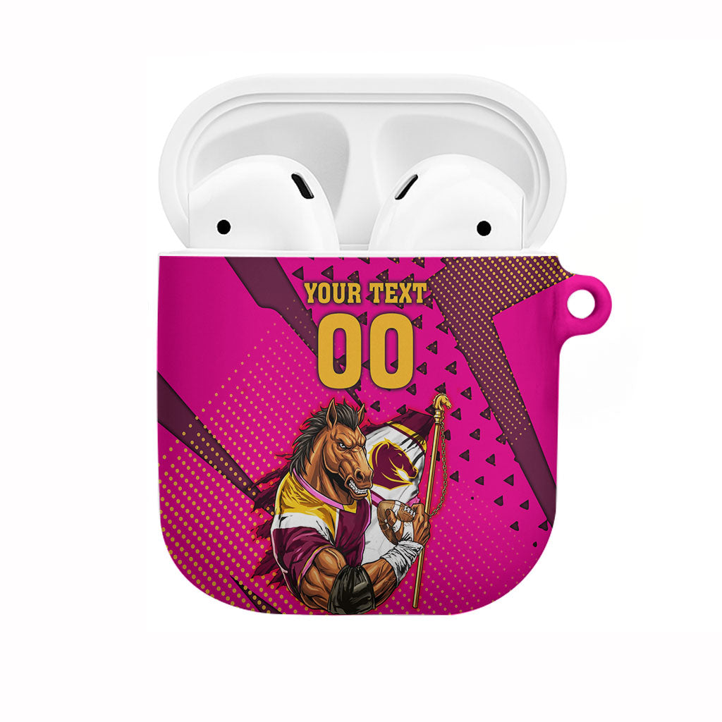 Custom Rugby Broncos AirPods Case Muscular Horse Mascot With Flag In Pink