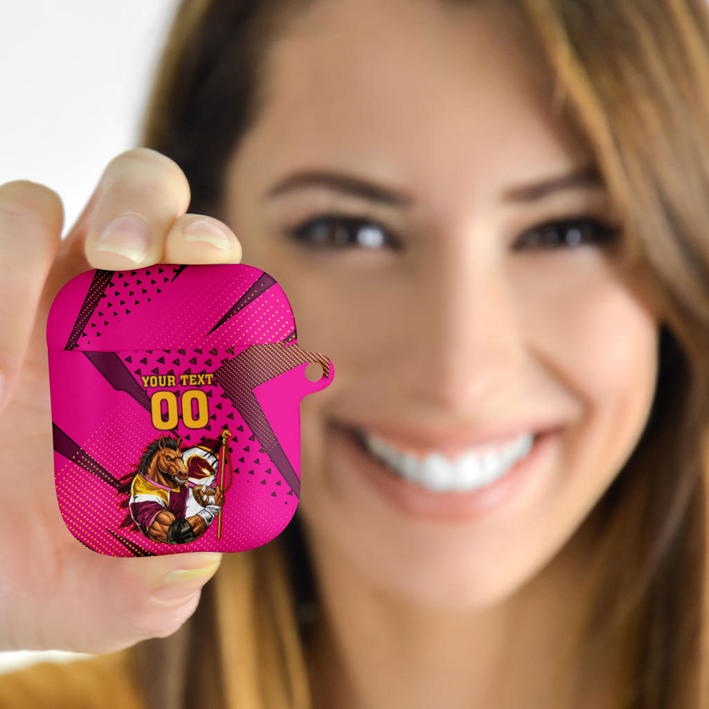 Custom Rugby Broncos AirPods Case Muscular Horse Mascot With Flag In Pink