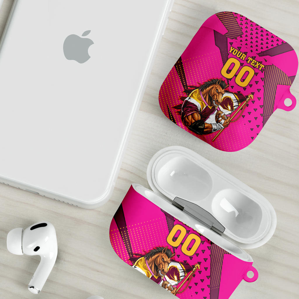Custom Rugby Broncos AirPods Case Muscular Horse Mascot With Flag In Pink