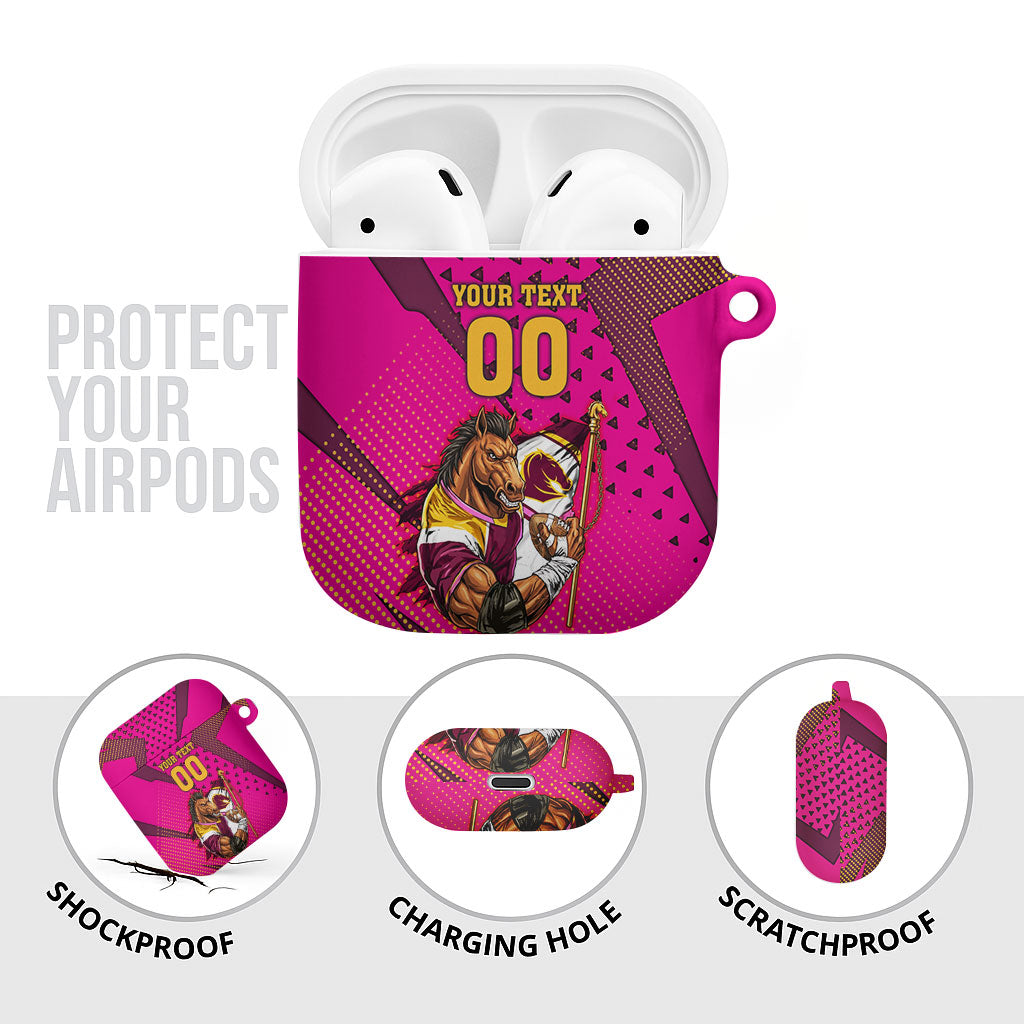 Custom Rugby Broncos AirPods Case Muscular Horse Mascot With Flag In Pink