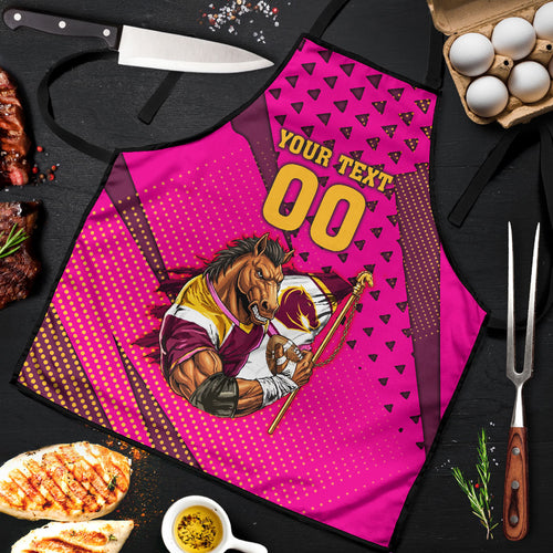 Custom Rugby Broncos Apron Muscular Horse Mascot With Flag In Pink