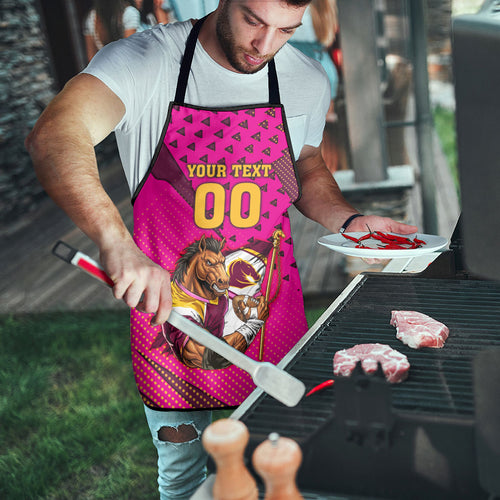Custom Rugby Broncos Apron Muscular Horse Mascot With Flag In Pink