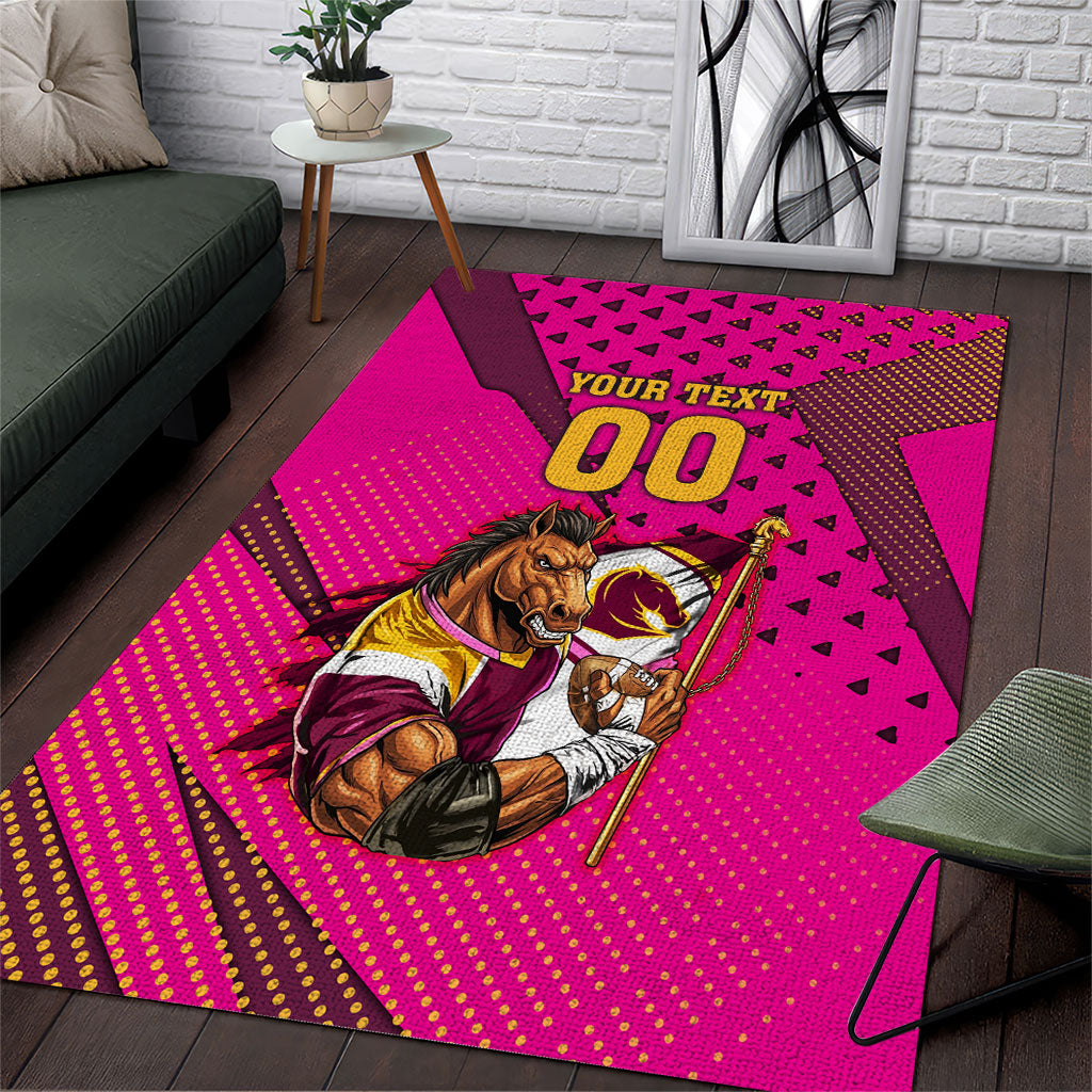 Custom Rugby Broncos Area Rug Muscular Horse Mascot With Flag In Pink