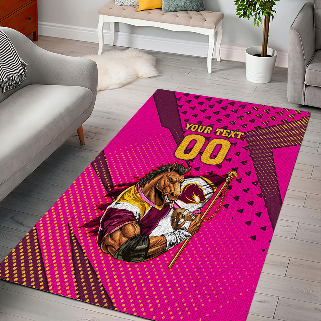 Custom Rugby Broncos Area Rug Muscular Horse Mascot With Flag In Pink