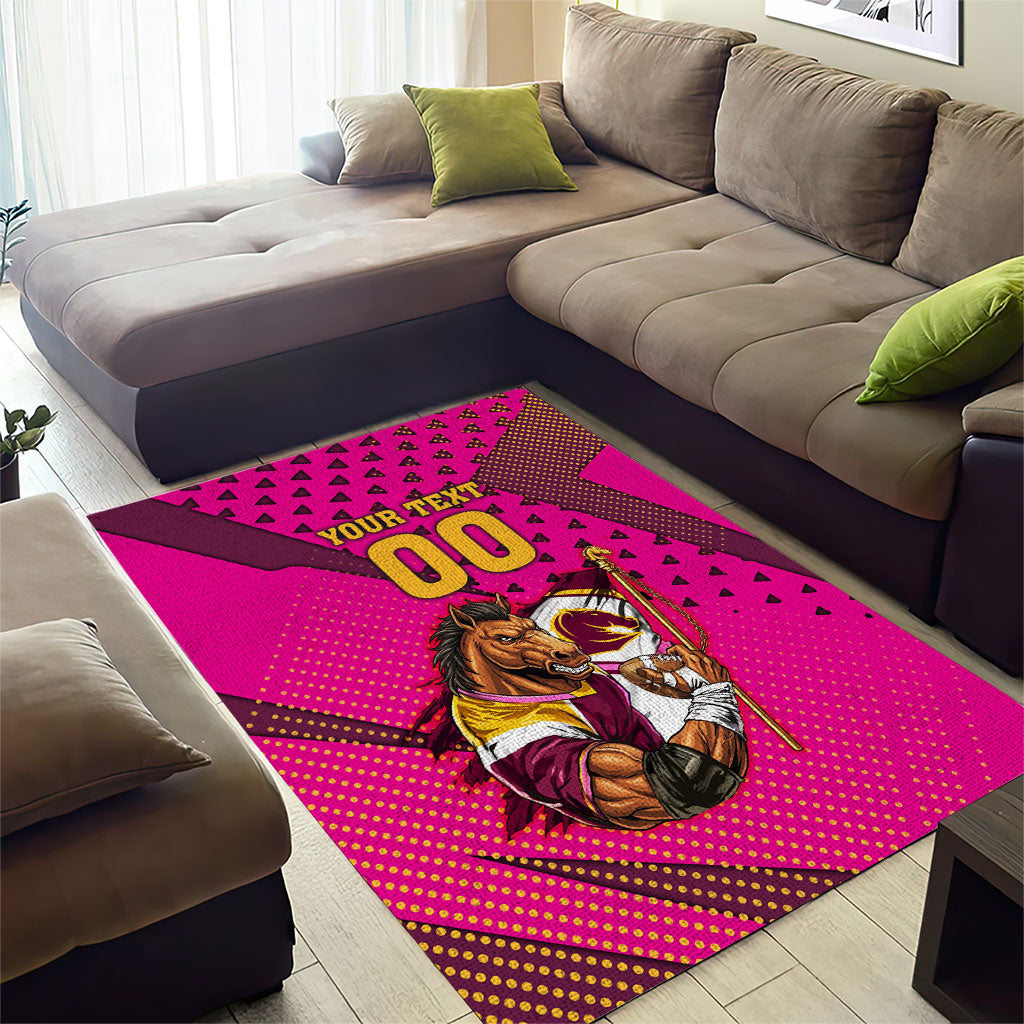 Custom Rugby Broncos Area Rug Muscular Horse Mascot With Flag In Pink