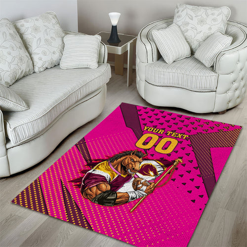 Custom Rugby Broncos Area Rug Muscular Horse Mascot With Flag In Pink