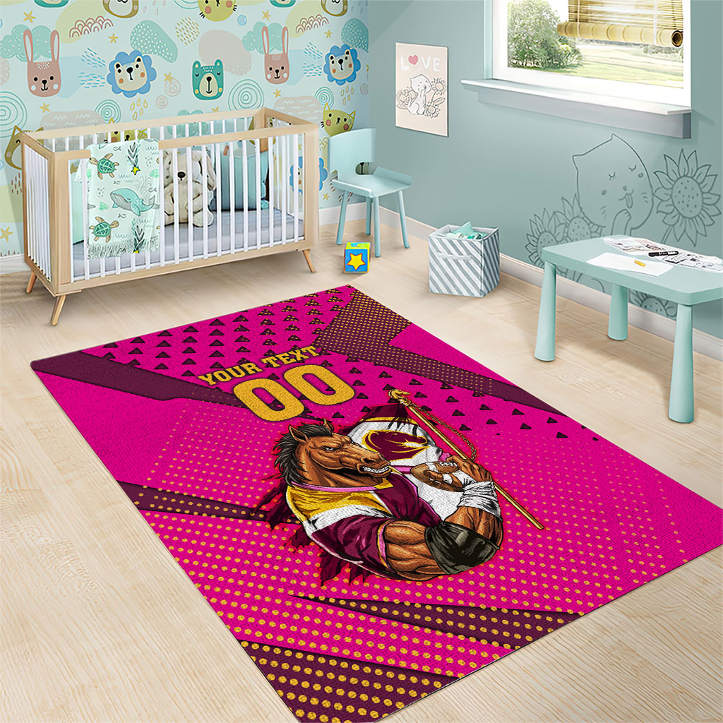 Custom Rugby Broncos Area Rug Muscular Horse Mascot With Flag In Pink