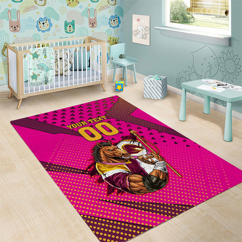 Custom Rugby Broncos Area Rug Muscular Horse Mascot With Flag In Pink