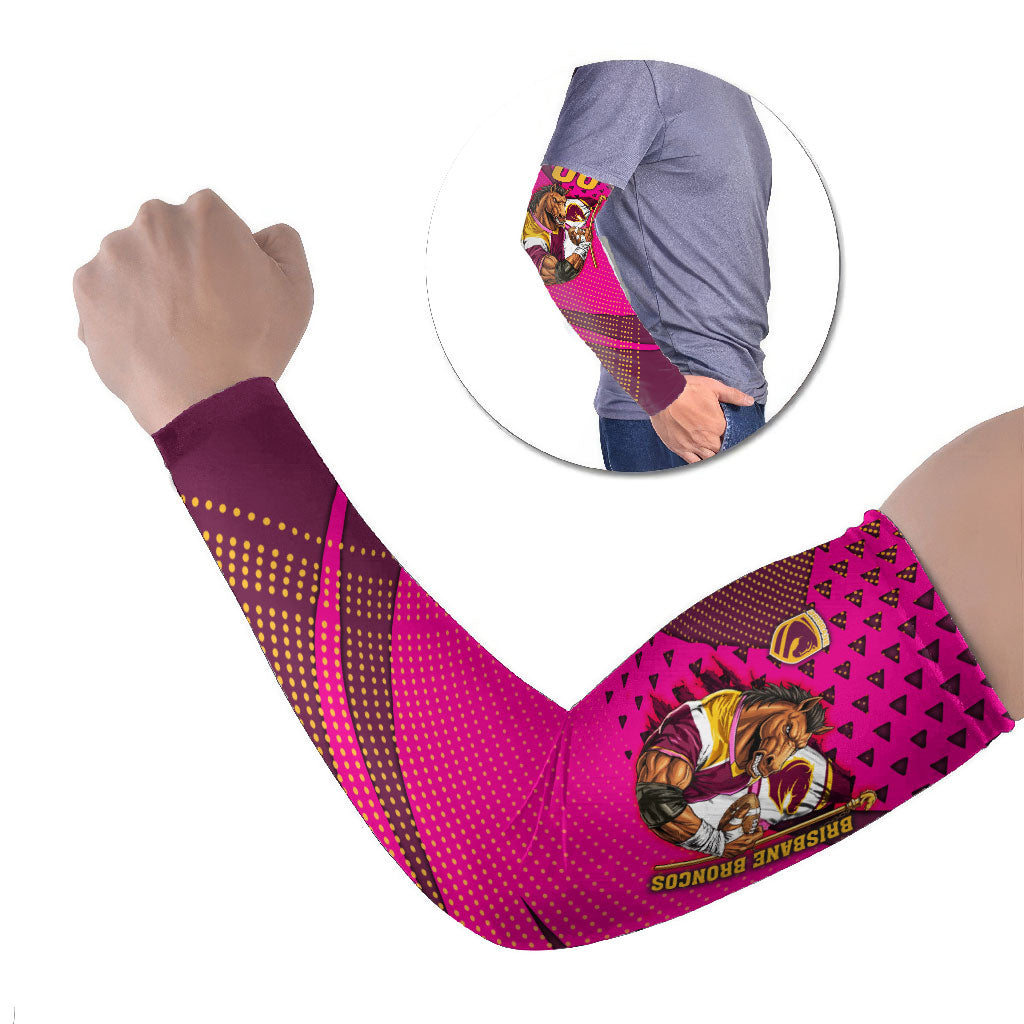 Custom Rugby Broncos Arm Sleeves Muscular Horse Mascot With Flag In Pink
