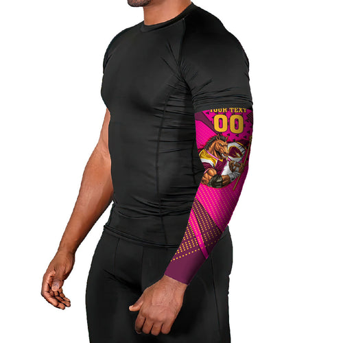 Custom Rugby Broncos Arm Sleeves Muscular Horse Mascot With Flag In Pink