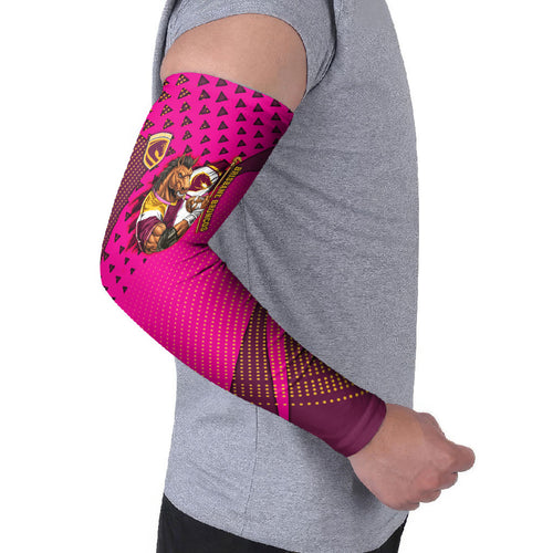 Custom Rugby Broncos Arm Sleeves Muscular Horse Mascot With Flag In Pink