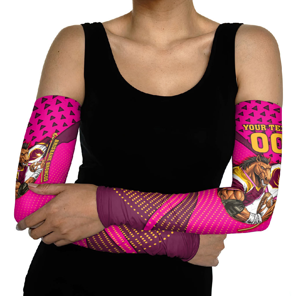 Custom Rugby Broncos Arm Sleeves Muscular Horse Mascot With Flag In Pink