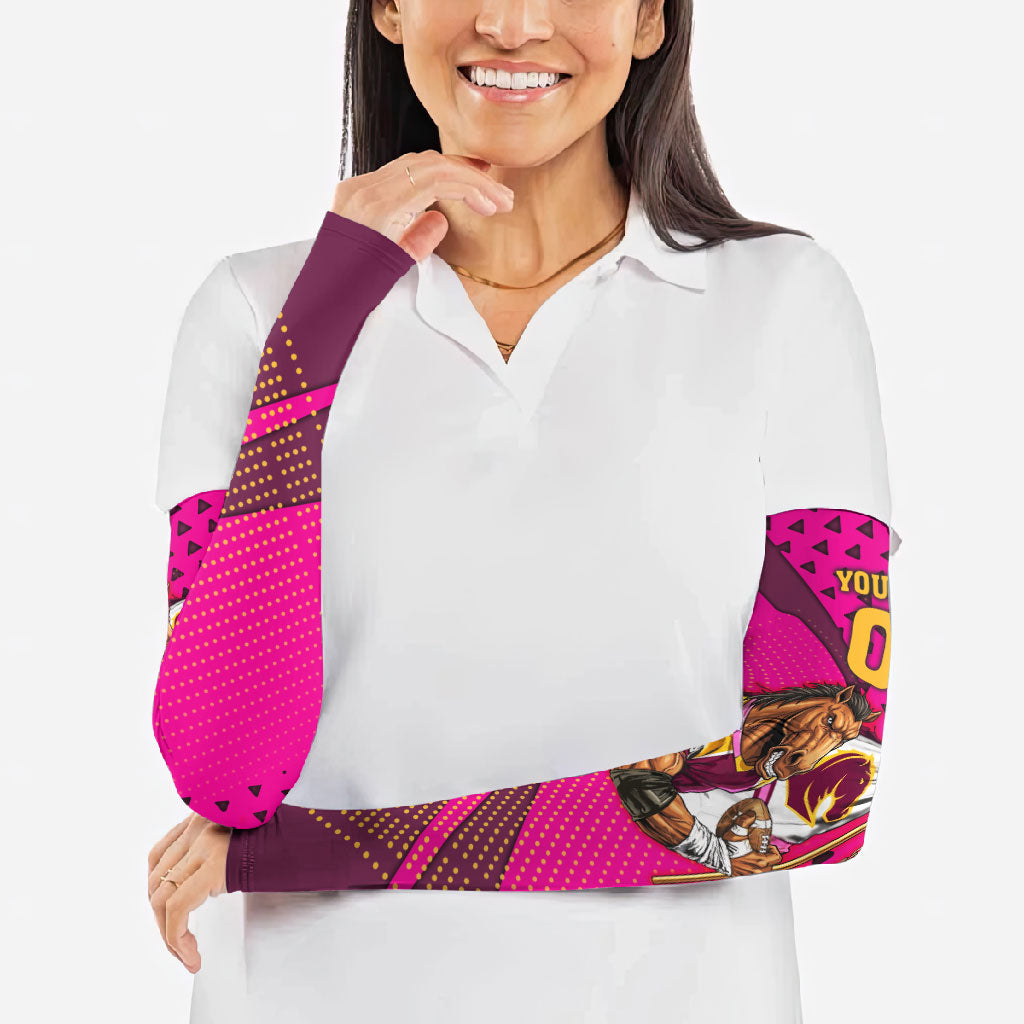 Custom Rugby Broncos Arm Sleeves Muscular Horse Mascot With Flag In Pink