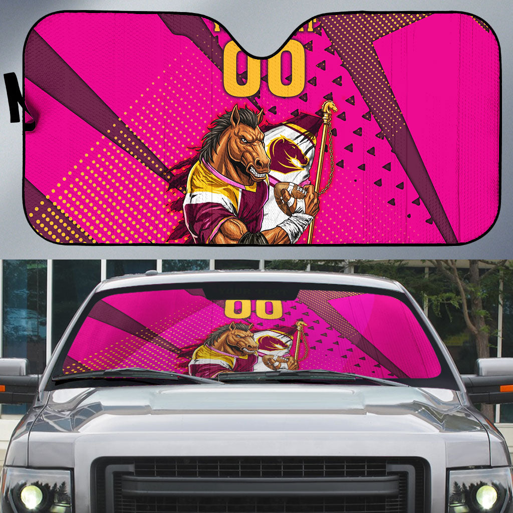Custom Rugby Broncos Auto Sun Shade Muscular Horse Mascot With Flag In Pink