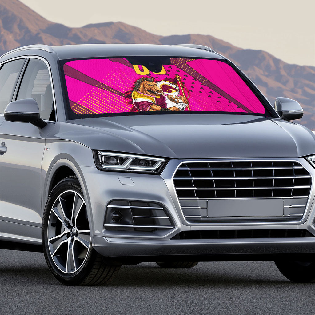Custom Rugby Broncos Auto Sun Shade Muscular Horse Mascot With Flag In Pink