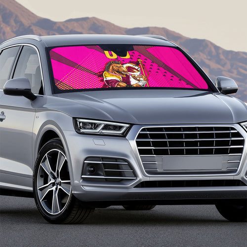 Custom Rugby Broncos Auto Sun Shade Muscular Horse Mascot With Flag In Pink