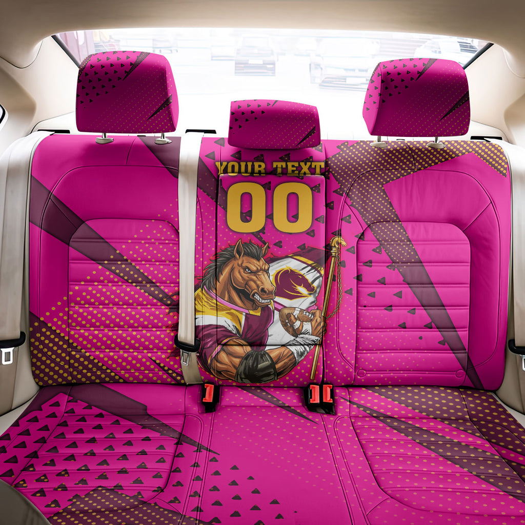 Custom Rugby Broncos Back Car Seat Cover Muscular Horse Mascot With Flag In Pink
