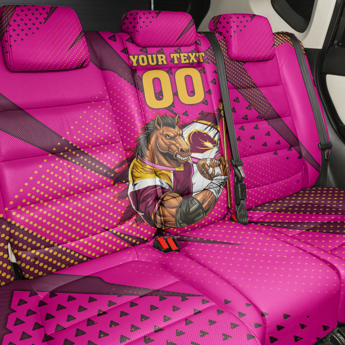 Custom Rugby Broncos Back Car Seat Cover Muscular Horse Mascot With Flag In Pink